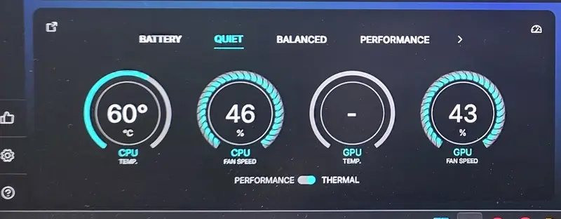 Tela do Alienware Command Center no Alienware m16 R1 já montado, com indicadores de temperatura e ventoinhas