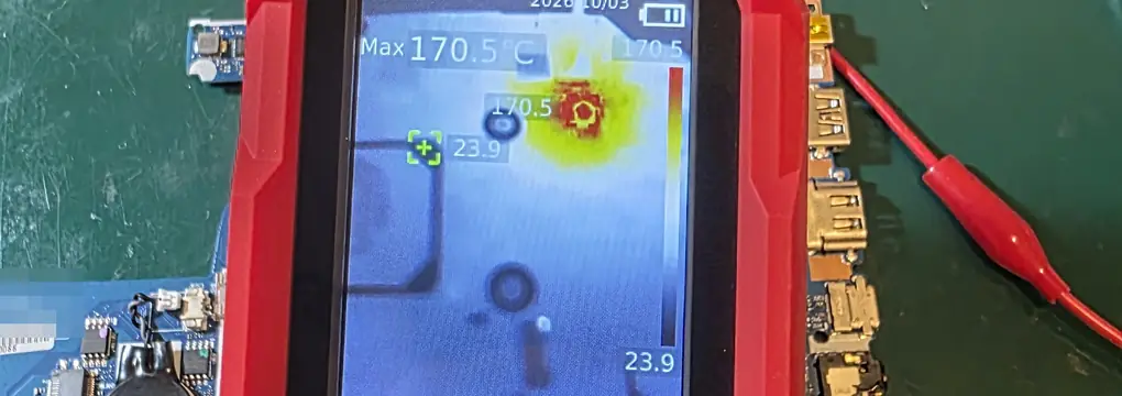 Câmera térmica apontada para a placa do Lenovo V15 G2 mostrando um ponto quente de 170,5 °C no componente em curto na linha de 5 V