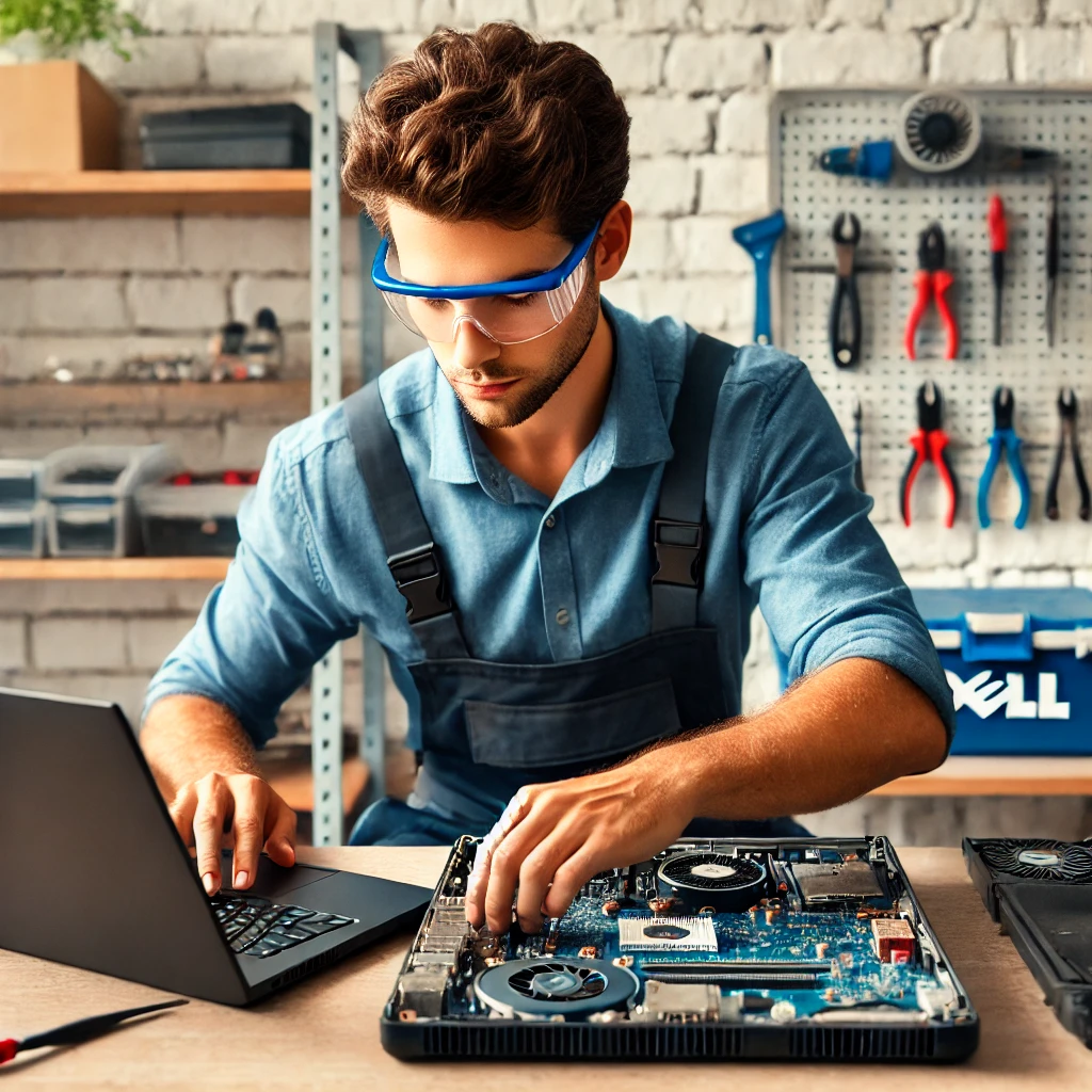 Técnico profissional consertando um notebook Dell